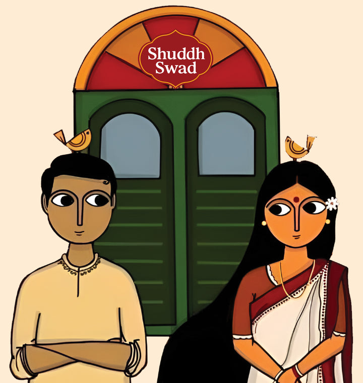 Kalighat-style illustration of a couple standing at the green door of the Shuddh Swad shop