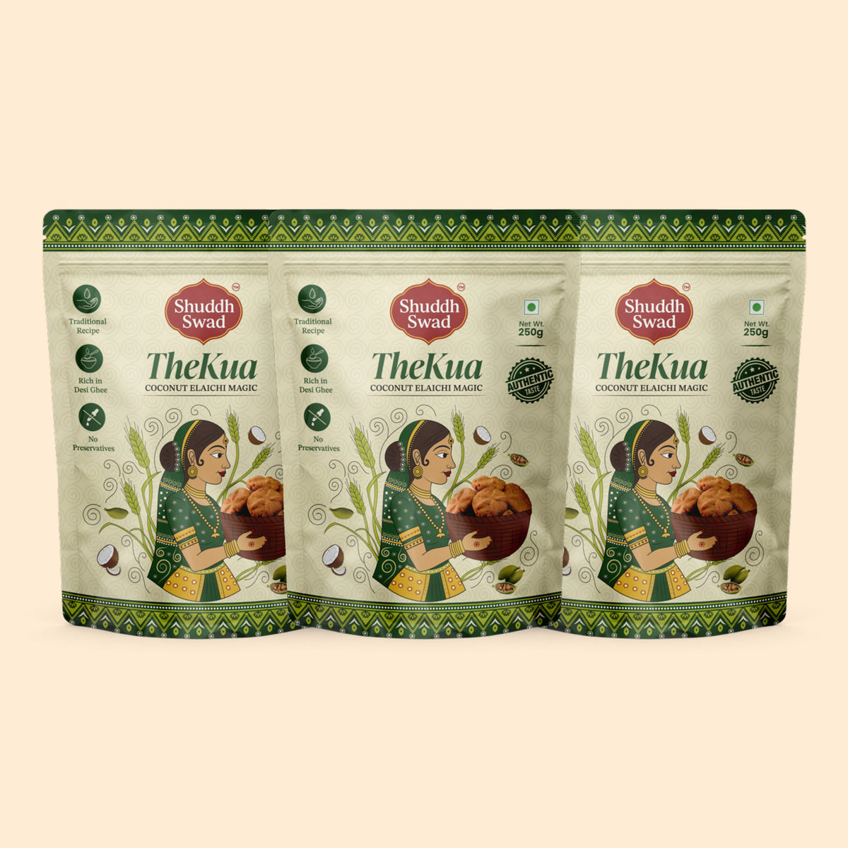 3 Pack (750g): three pouches of Shuddh Swad Elaichi Thekua (Coconut Elaichi Magic)