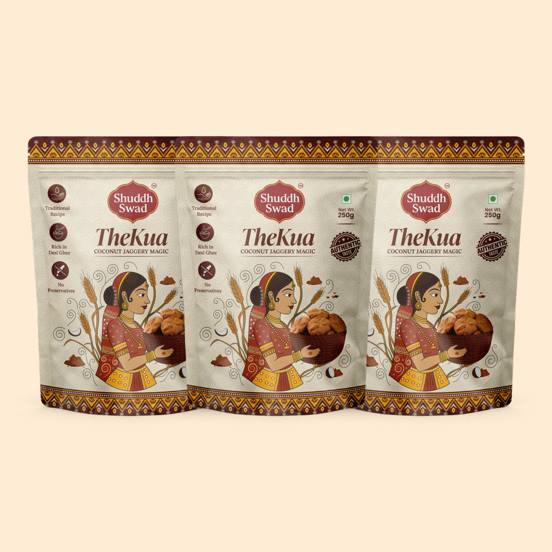 3 Pack (750g): three pouches of Shuddh Swad Jaggery Thekua (Coconut Jaggery Magic)