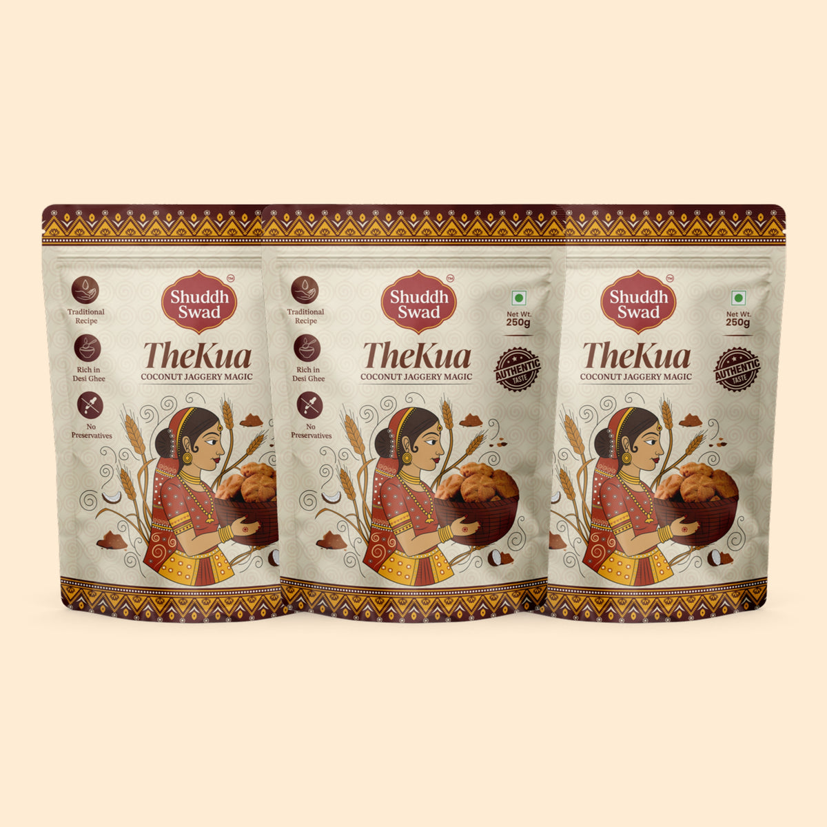 3 Pack (750g): three pouches of Shuddh Swad Jaggery Thekua (Coconut Jaggery Magic)