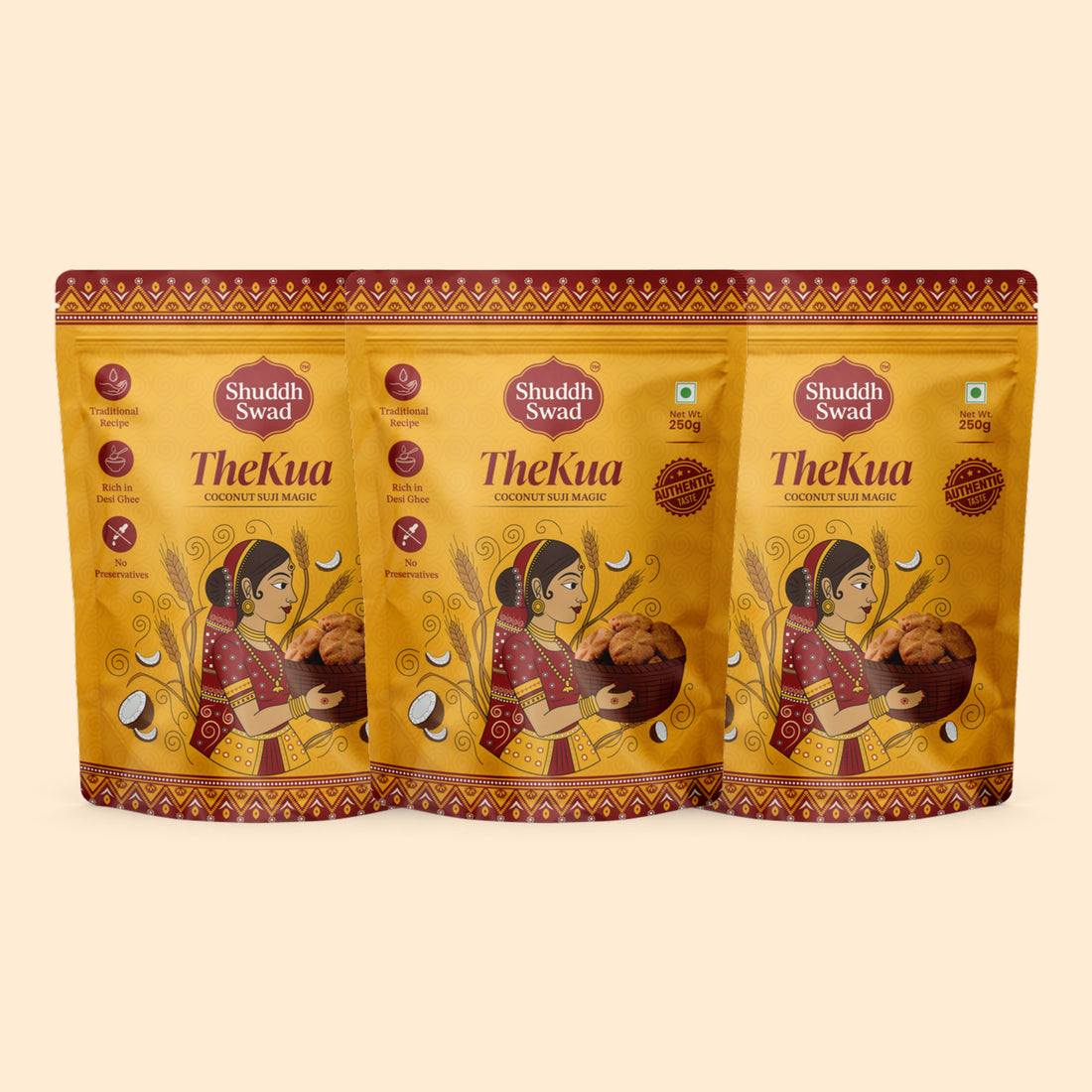 3 Pack (750g): three pouches of Shuddh Swad Traditional Bihari Thekua (Coconut Suji Magic)