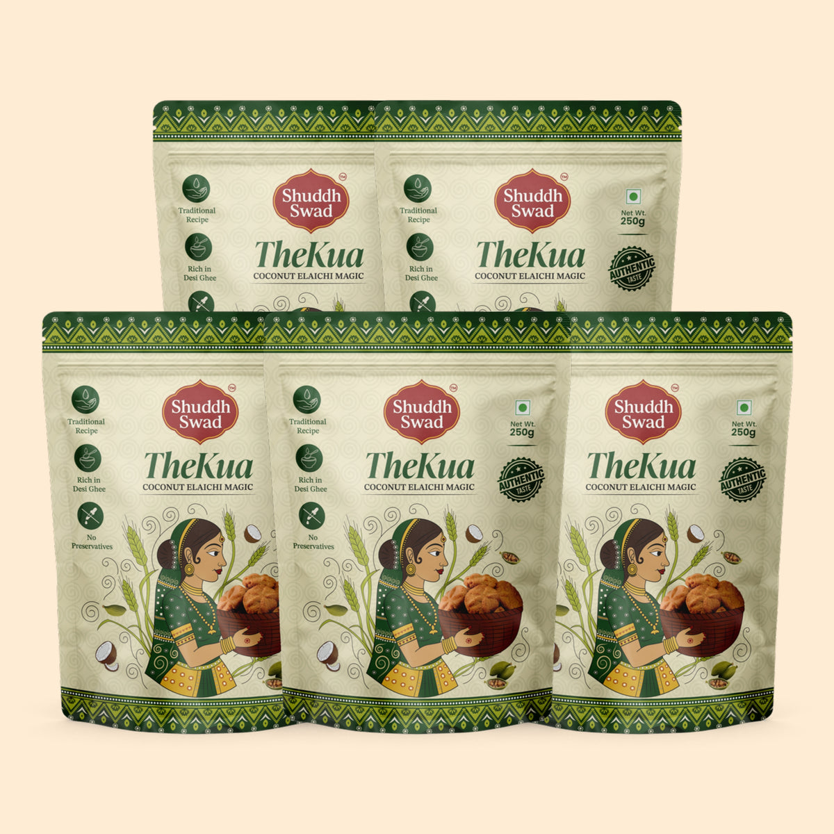 5 Pack (1250g): five pouches of Shuddh Swad Elaichi Thekua (Coconut Elaichi Magic)