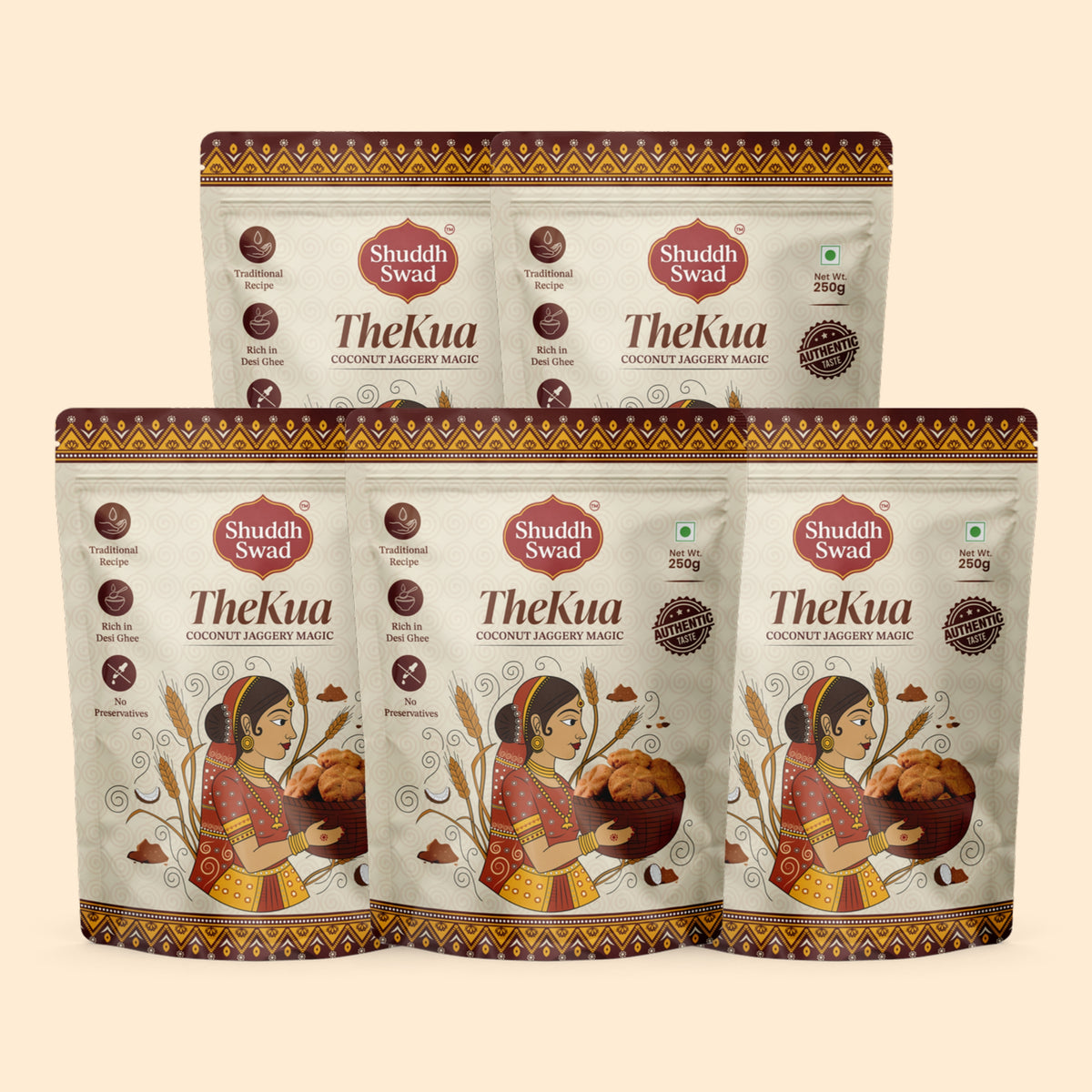 5 Pack (1250g): five pouches of Shuddh Swad Jaggery Thekua (Coconut Jaggery Magic)