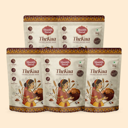 5 Pack (1250g): five pouches of Shuddh Swad Jaggery Thekua (Coconut Jaggery Magic)