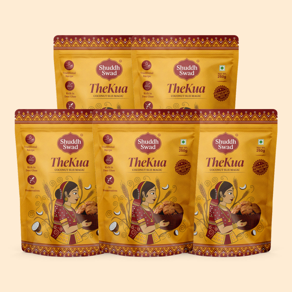 5 Pack (1250g): five pouches of Shuddh Swad Traditional Bihari Thekua (Coconut Suji Magic)