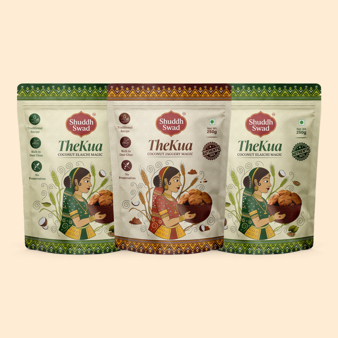 Shuddh Swad Thekua Trio – 1 Coconut Jaggery + 2 Coconut Elaichi (3 × 250g)