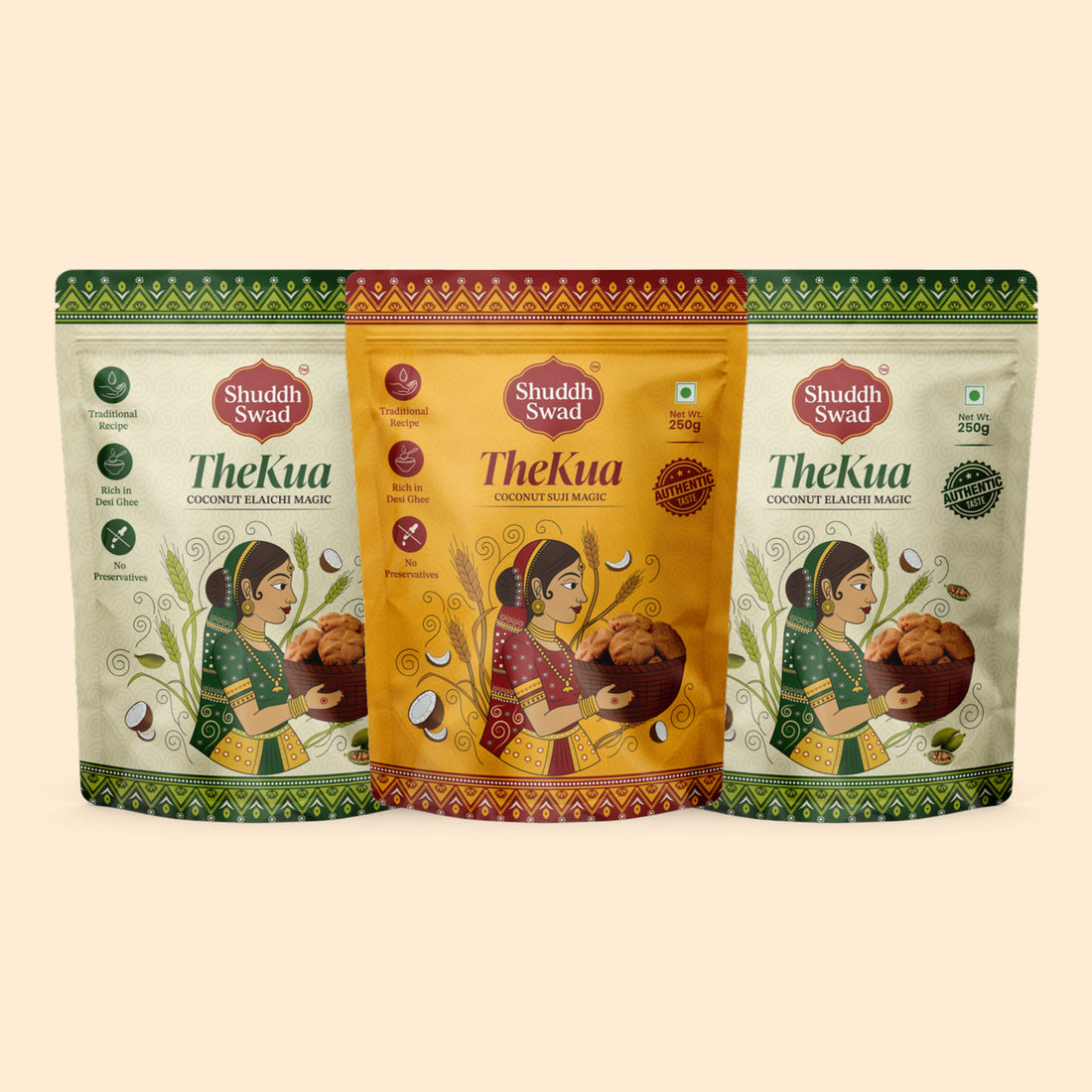 Shuddh Swad Thekua Trio – 1 Coconut Suji + 2 Coconut Elaichi (3 × 250g)