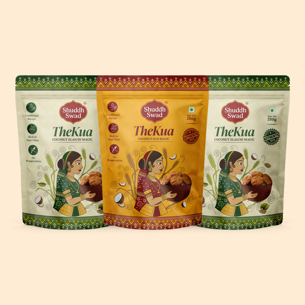 Shuddh Swad Thekua Trio – 1 Coconut Suji + 2 Coconut Elaichi (3 × 250g)