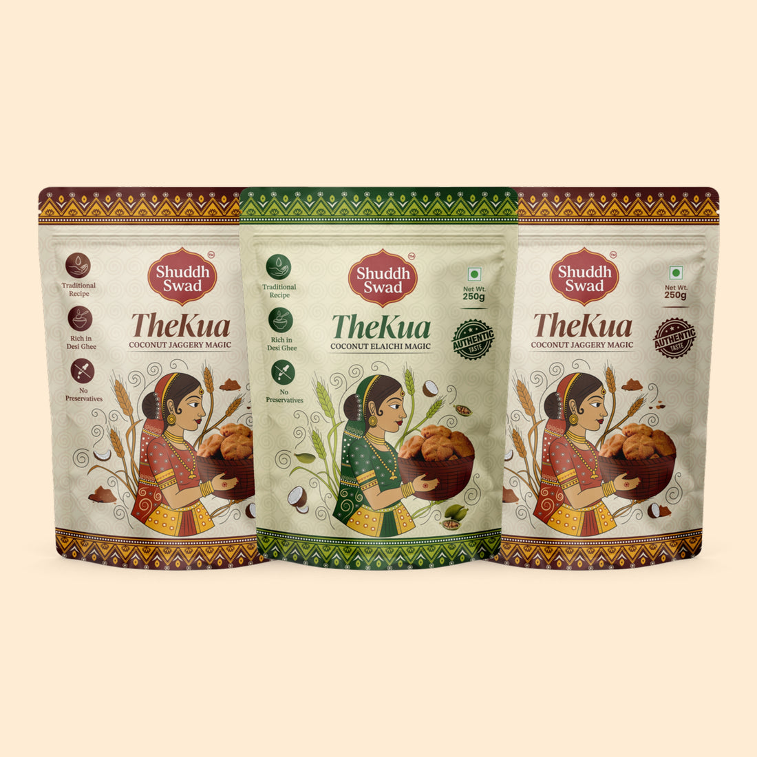 Shuddh Swad Thekua Trio – 2 Coconut Jaggery + 1 Coconut Elaichi (3 × 250g)