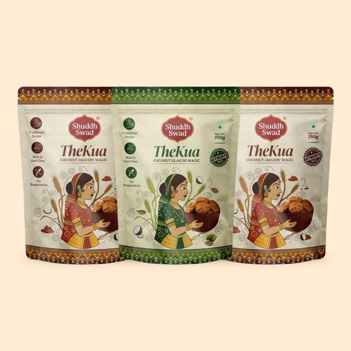Shuddh Swad Thekua Trio – 2 Coconut Jaggery + 1 Coconut Elaichi (3 × 250g)