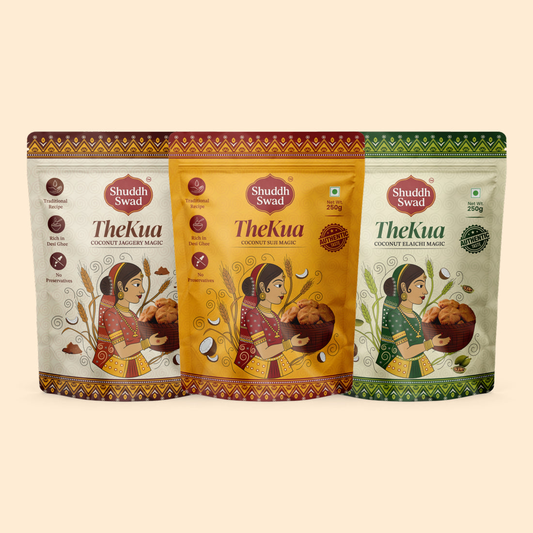 Shuddh Swad Thekua Trio – All 3 Flavours: Suji, Jaggery & Elaichi (3 × 250g)